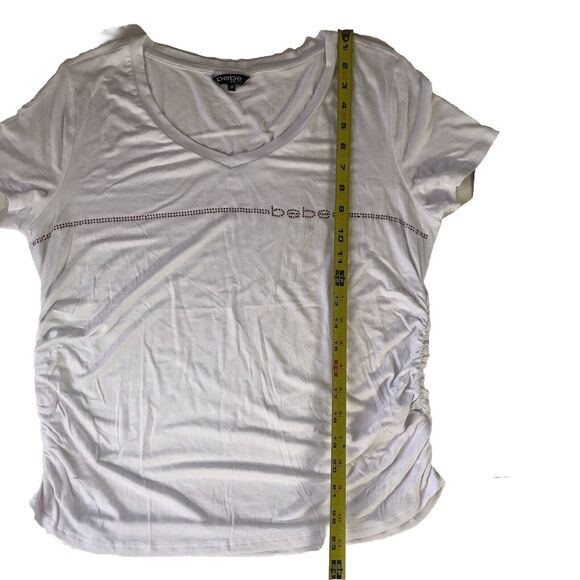 Bebe Sport White With Pink Rhinestones Ruched Tee  Size Medium NWT - Picture 6 of 12